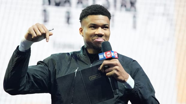 Giannis Antetokounmpo makes his draft picks before the 2023 NBA All-Star Game at Vivint Arena.